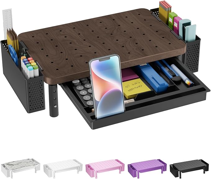 WALI Computer Monitor Stand with Storage and Pen Holder | 3 Height Adjustable Desk Organizer with Drawer, Desk Laptop Monitor Riser for Computer, Printer(PTT003-C), 1 Pack, Brown