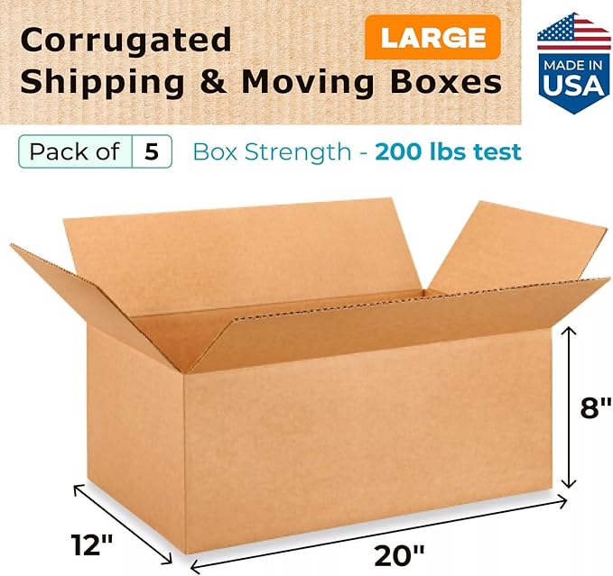 Large Shipping & Moving Boxes 20 x 12 x 8 inches (5-Pack) - Extra Strength 200 lb vs Regular - USA-Made Corrugated Cardboard Boxes for USPS/UPS/FEDEX - Strong Large Box by IDL Packaging -