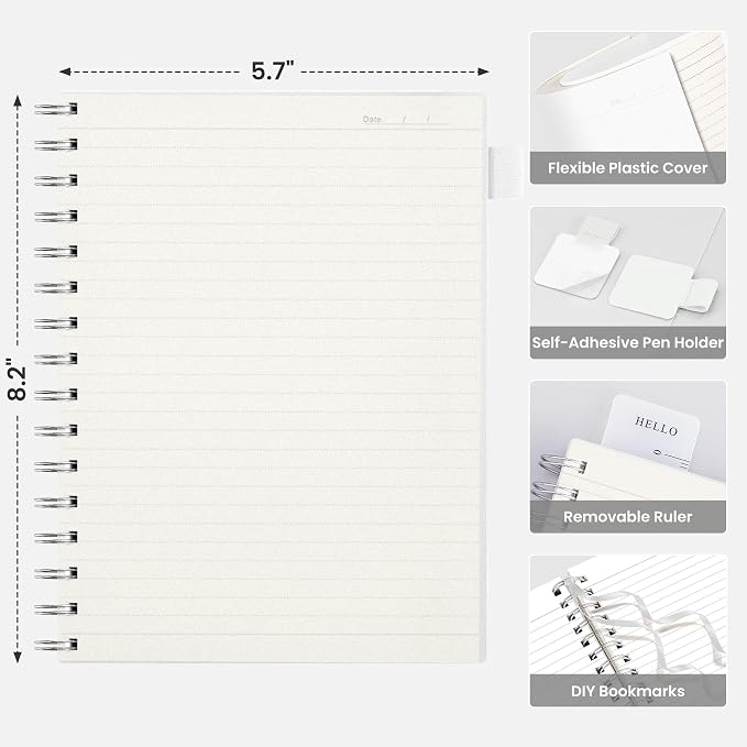 EMSHOI Lined Spiral Journal Notebook, 300 Pages, A5 Size (5.7'' x 8.2'') | College Ruled, 100 GSM Thick Paper, Flexible Plastic Cover, for School, Writing, Work, Office & Journaling (Transparent)