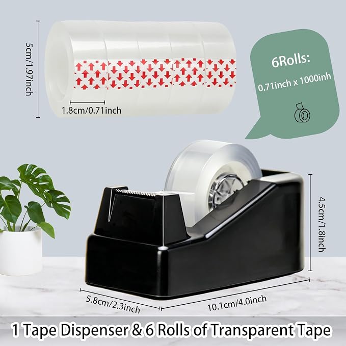 Tape Dispenser Desk,Desktop Tape Dispenser, Tape Dispenser with Weighted Non-Skid Base, Includes 6 Rolls Transparent Tape (0.71" x 1000"),Heavy Duty Tape Holder for Office, Home, School(Black)