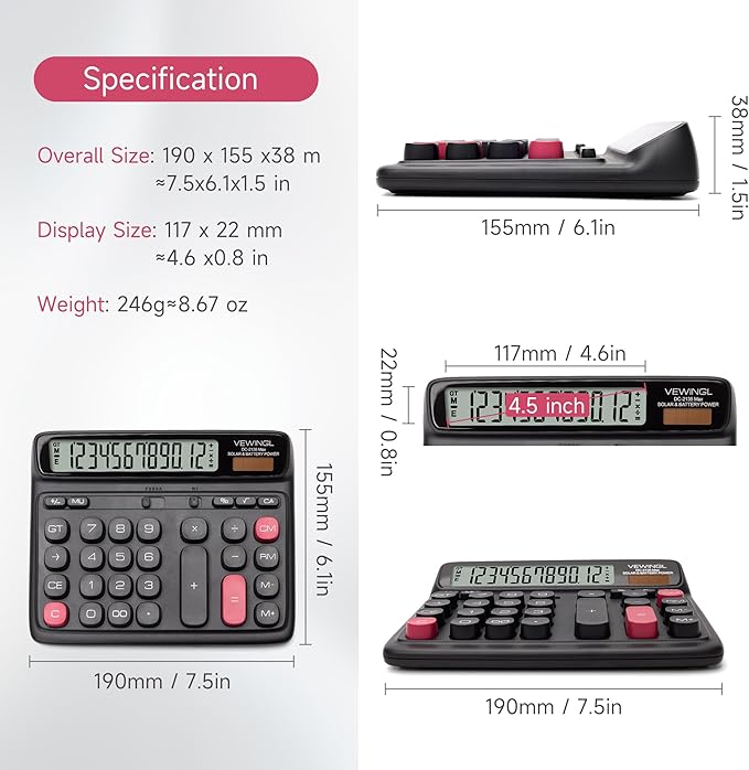 VEWINGL Desktop Calculator with Large LCD Display, 12-Digit Dual Power Solar & Battery Office Calculator with Big Buttons for Business, Accounting & Home Use (Black, L)