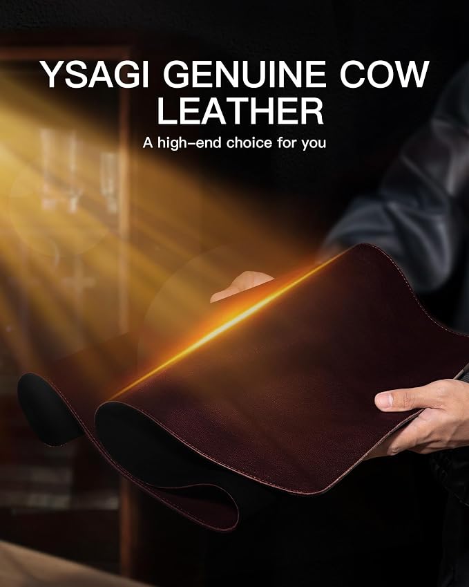 YSAGi Genuine Leather Desk Mat, 23.6"x13.8" Office Desk Pad, Thick Desk Pad Mat with Stitched Line, Non-Slip Desk Mat with Rubber Base (Red Brown, 23.6"x13.8")
