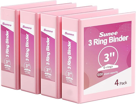 SUNEE 3 Ring Binder 3 Inch 4 Pack, 3" Clear View Binder Three Ring PVC-Free (Fit 8.5x11 Inches) for School or Office Supplies, Pink