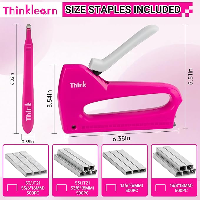THINKLEARN Light Duty Staple Gun for Wood - Pink 4-in-1 Upholstery Staple Gun with 1600pcs JT21 Staples and Staple Remover, Fabric Staple Gun for Upholstering, Crafts, DIY, Decoration