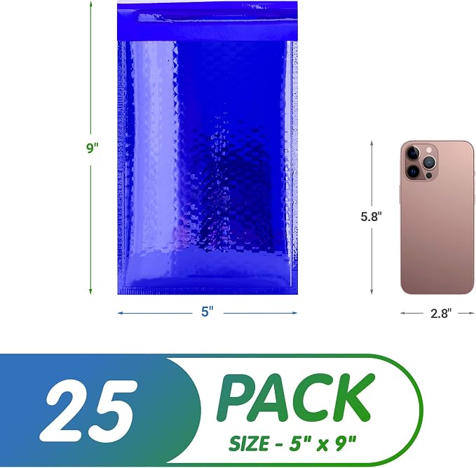 Glamour Metallic Bubble Mailers 5 x 9 Inches Blue, 25 Pack Padded Envelopes for Shipping, Mailing, Packaging Protection