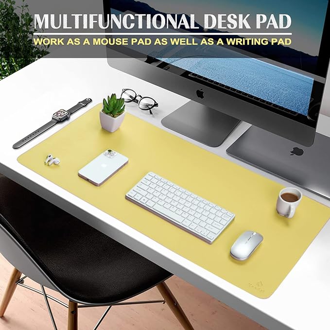 K KNODEL Small Office Desk Mat, Leather Mouse Pad (23.6"x13.8", Yellow) | Desk Pad, Keyboard Pad, Computer and Laptop Mat, Desktop Protector and Cover, Writing Pad and Blotter for Home Office