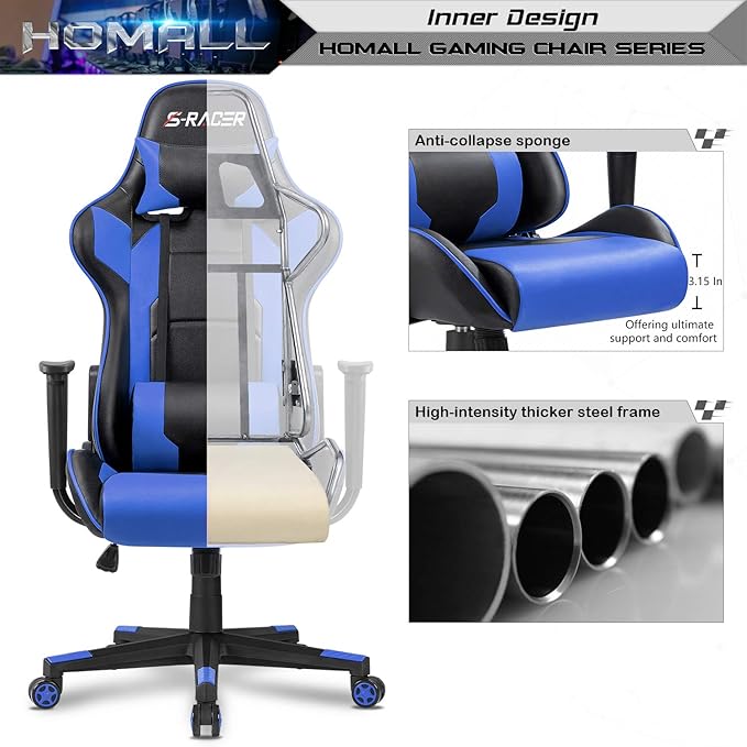 Homall Gaming Chair, Office Chair High Back Computer Chair Leather Desk Chair Racing Executive Ergonomic Adjustable Swivel Task Chair with Headrest and Lumbar Support(Blue)