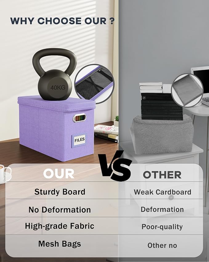 File Organizer Box with Lid, Hanging Filing File Box with Mesh Pocket, Document Organizer Box for Letter Files, Portable Storage Box with Smooth Sliding Rail for Office&Home (1 PCS, Lavender)