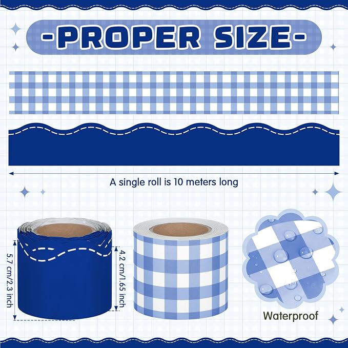 2 Rolls 65.6ft Dark Blue Gingham Bulletin Board Borders Decoration Blue Checkered and Straight Edge Bulletin Borders Board Trim for Office School Classroom Chalkboard Party Decoration