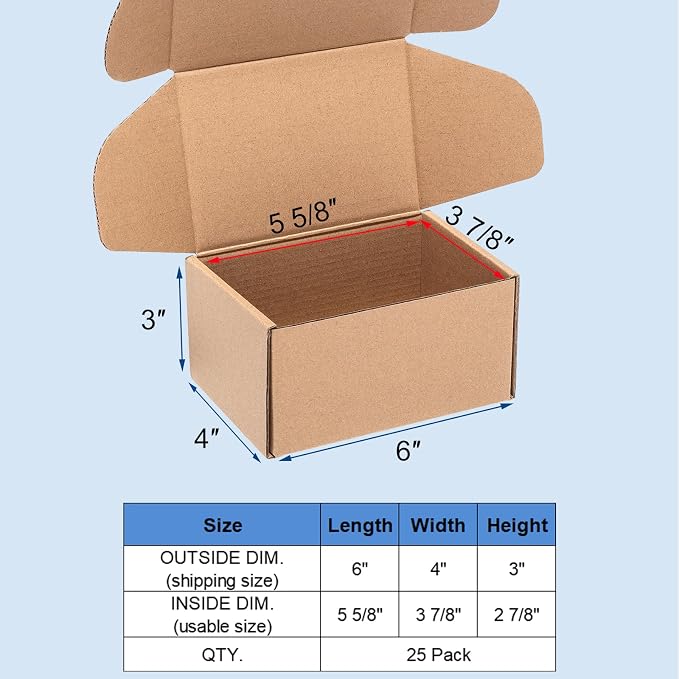 Wowxyz Shipping Boxes 6x4x3 Inches 25 Pack Corrugated Cardboard Brown Box | Small Kraft Literature Mailer Packaging Supplies