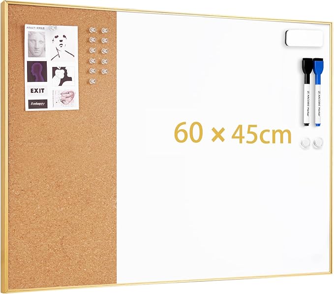 ARCOBIS Dry Erase Cork Board Combo, 24"X18" Bulletin White Board for Wall, Magnetic Corkboard Whiteboard Combination, Vision Board for Office, Home, School Gold Frame