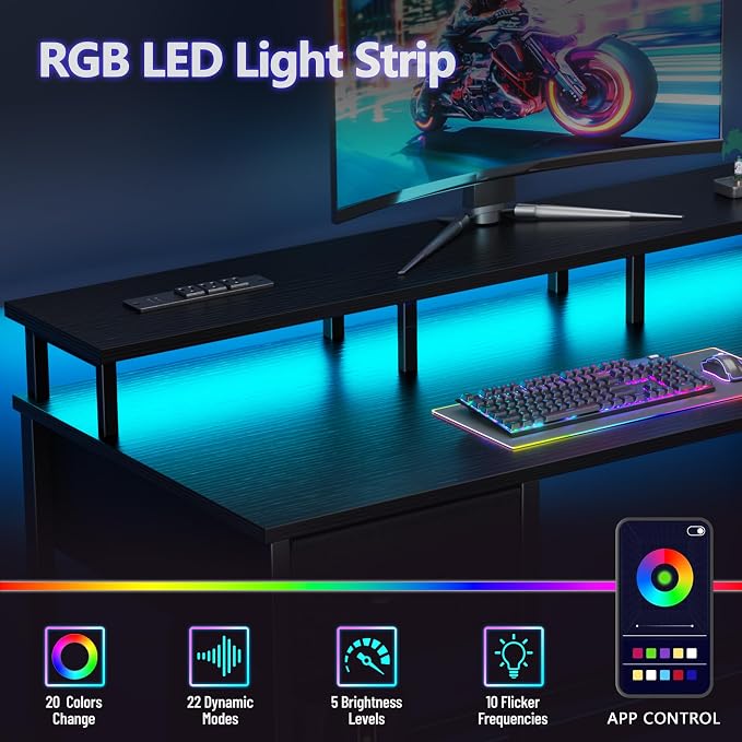 Korfile 47 Inch Gaming Desk with Power Outlets and LED Lights, Reversible Computer Desk with 5 Fabric Storage Drawers, Home Office Desk with Monitor Stand for Working Writing Study, Black | Gaming desk with power outlets &LED lights,reversible design w...
