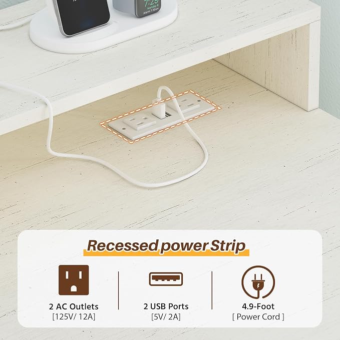 63" Farmhouse L Shaped Desk with Drawers & Storage Shelves for Home Office | Corner Desk with Power Outlets & LED Lights, L-Shaped Office Desks with File Drawer, Printer Shelf, Monitor Stand, White