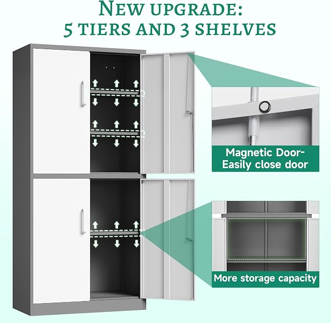 Metal Storage Cabinet with Lock Door, Adjustable Shelf Steel Cabinets for Office, Home,Pantry,Kitchen,Garage Utility Cabinet (4 Door-White&Gray)