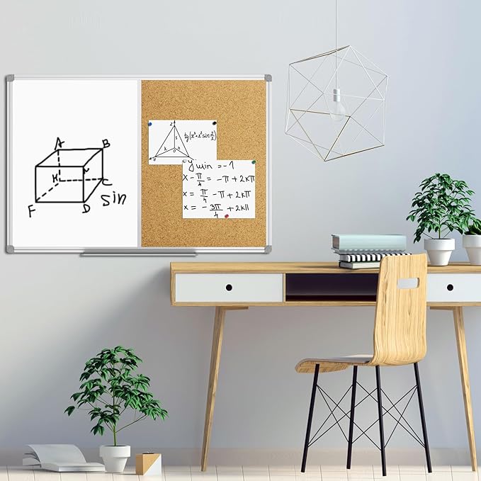 JILoffice White Board & Bulletin Corkboard Combination, Combo Board 36 x 24 Magnetic Whiteboard, Silver Aluminum Frame Wall Mounted Board for Office Home and School with 10 Push Pins