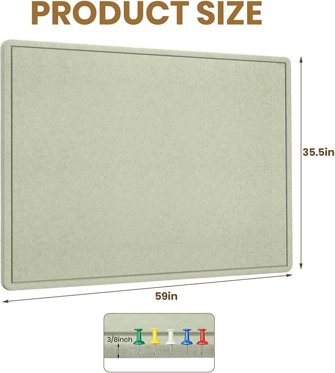 Large Bulletin Board 60" x 36" Felt Cork Board,Decor Pin Board, Sage Green | Cork Board Alternative for Wall, Foldable Self-Adhesive Vision Board Prayer Board with Pushpins for Home Office Classroom