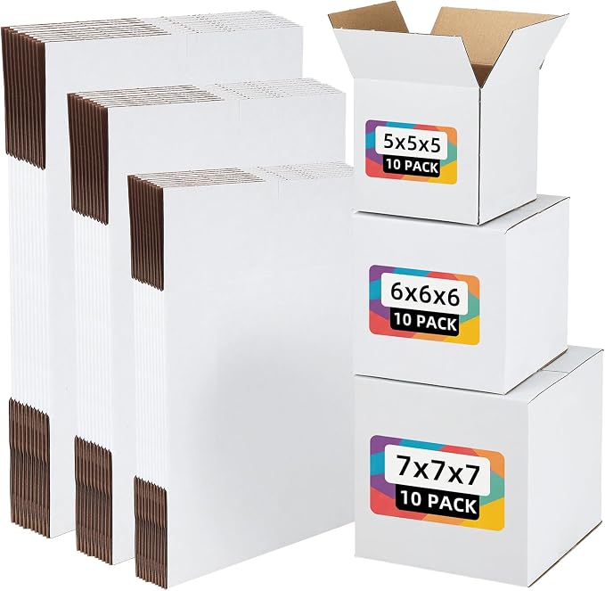 30 Pack 5x5x5, 6x6x6, 7x7x7 Assorted Sizes Shipping Boxes for Small Business, Each Size 10 Pack, White Corrugated Cardboard Small Box for Packaging, Moving, Mailing, and Storing