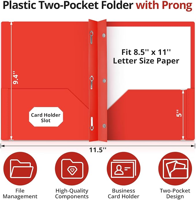 Taja Plastic Folders with Pockets and Prongs (6 Pack, Red), 2-Pocket Poly Folders with 3 Hole Punch and Business Card Slot, Fits Letter Size Paper, for School, Office, or Home Use