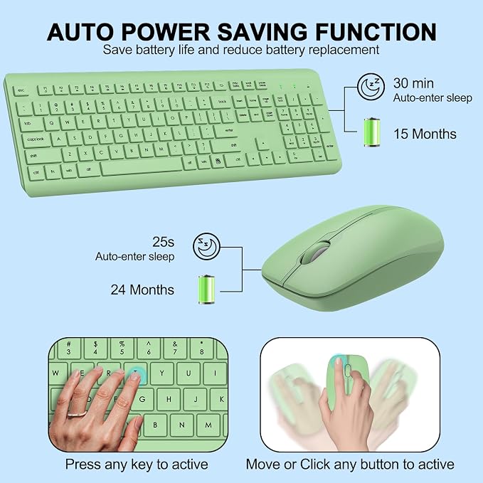 Wireless Keyboard and Mouse Combo, Full-Size Silent Ergonomic Keyboard and Optical Mouse, Long Battery Life, 2.4G Lag-Free Mice Keyboard for Computer,Mac,Laptop,PC,Windows(Avocado Green)