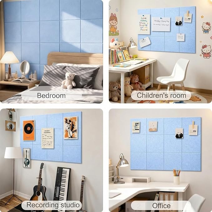 Felt Wall Tiles Bulletin Board Large Cork Board Alternative 12 Pack 11.81”x11.81”x0.47” Felt Pin Board Tack Board with Safe Removable Adhesive Tabs for Home Office School 48x36(Light Blue)