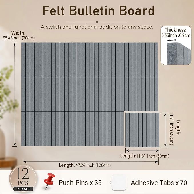 Large Felt Bulletin Board 48" x 36" Cork Board Alternative-12 Pack with 70 Safe Removable Adhesive Tabs, 35 Pushpins Notice Board for Walls Home Office Classroom Pin Board -Gray