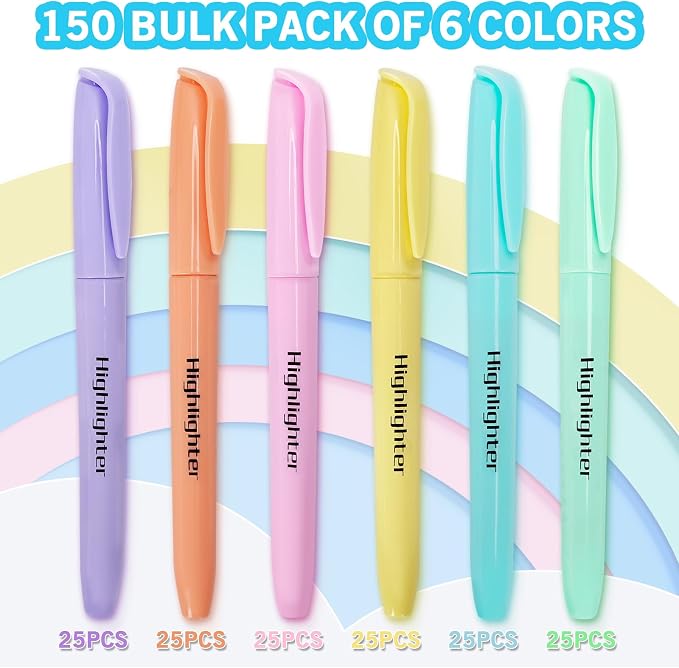 YEGEER Highlighters Bulk, Chisel Tip Dry-Quickly Highlighter Markers, 150 Count-6 Assorted Colors Highlighters Bulk Pack for Adult Kids, Office Classroom Must Have, School Supplies for Teachers (150)