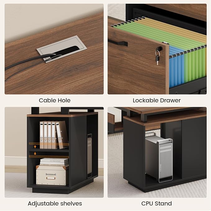 2 Pcs 71" Executive Desk with Lockable File Cabinet, L Shaped Office Desk | with 2 Drawers, Storage Cabinet, Power Outlets, Executive Desk with CPU Stand and Storage Shelves,Modesty Panel, Walnut