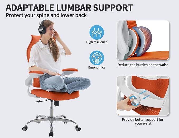 TRALT Office Chair Ergonomic Desk Chair - Gaming Chair with Lumbar Support | 330 LBS Home Office Desk Chairs , Reading Chair with Flip-up Armrests, Comfortable Computer Chairs (1, Orange)