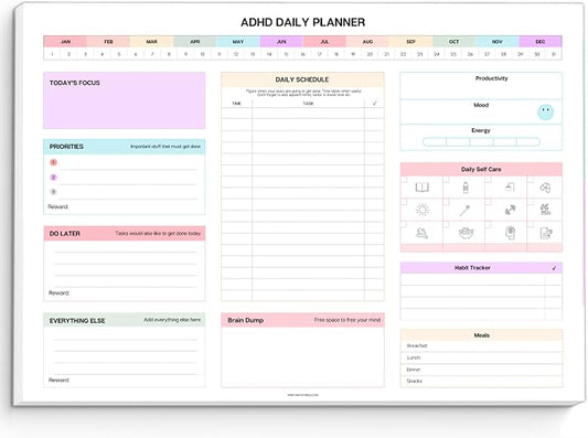 ADHD Daily Planner Notepad for Neurodivergent Adults - Productivity Daily Planner Desk Pad & Task Management to Stay Organized and Focused Note Pad (Rainbow, A4 Landscape)