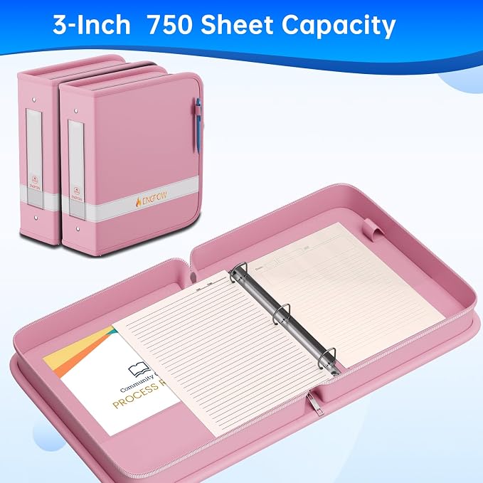 ENGPOW 3 Ring Binder,Fireproof 3" D Ring Organizer with Zipper & Pockets | Holds 750 Sheets,Non-Stick,PVC-Free,Compatible with Sheet Protectors,Durable School Office Home Safe Storage for Paper,Pink