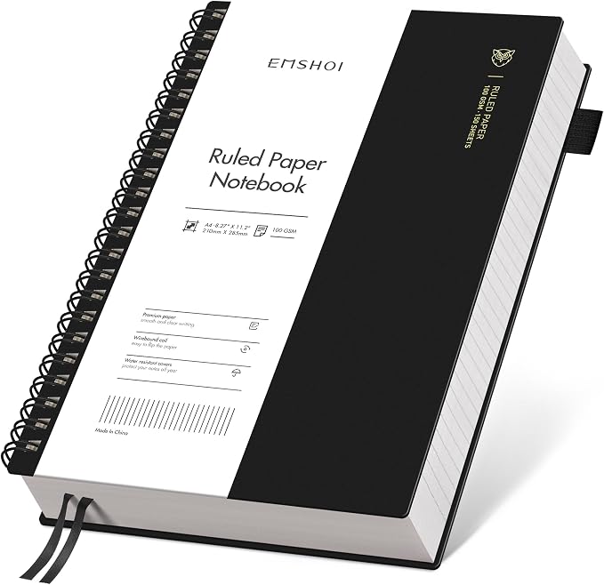 EMSHOI Lined Spiral Journal Notebook, 300 Pages, A4 Size (8.2'' x 11.2'') | College Ruled, Flexible Plastic Cover, 100 GSM Thick Paper, for School, Writing, Work, Office & Journaling (Black)