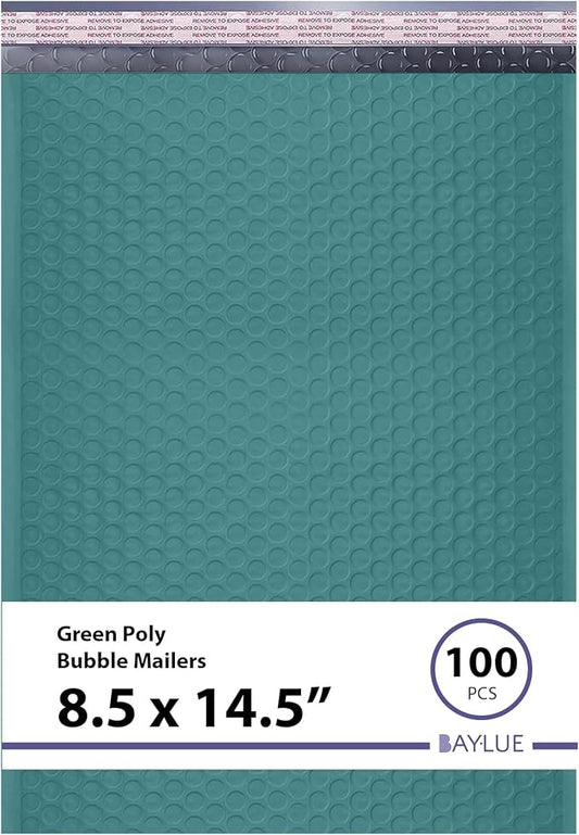 Green Poly Bubble Mailers 8.5x14.5 inch #3 | Self Seal Padded Envelopes | Cushioned Bubble Mailer | Usable Size 8.5x13.5 | WaterProof | Lightweight mailing Shipping Bags | 100 Pack Bulk