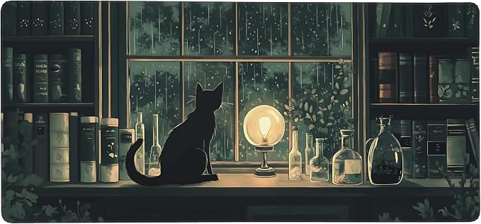 Anime Black Cat Gaming Mouse Pad, Forest Green Mystical Desk Mat with Anti-Slip Base & Stitched Edges, Office & Home Desk Decor for Women, 35.4" x 15.7" in Computer Desktop Mat
