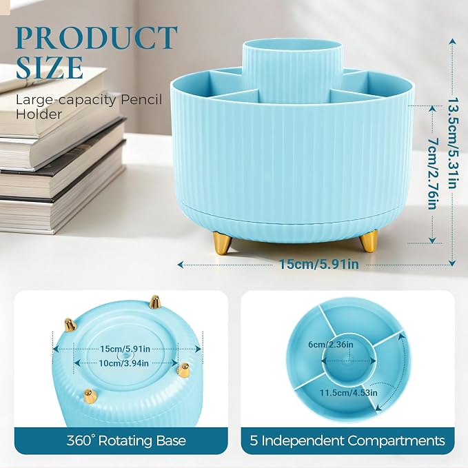KONVINIT Pencil Pen Holder for Desk, 5 Slots 360-Degree Rotating Desktop Organizer, Cute Desk Organizers and Accessories for School, Home, Office and Art Supply, Blue