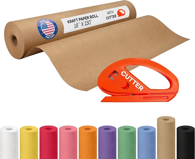 Brown Kraft Paper Roll 18" x 1800" (150 feet) with Cutter - USA-Made Wrapping Paper for Packing, Moving, Shipping & Crafts/Arts - 100% Recyclable Natural Craft Material by IDL Packaging | Wrapping Paper for Packing, Moving, Shipping & Crafts/Arts - 100...