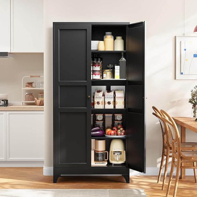 Metal Pantry Cabinet, 75" Kitchen Pantry with 2 Door and 4 Adjustable Shelves,Black Metal Pantry Storage Cabinet,Cupboard for Kitchen,Dining Room,Living Room and Bathroom