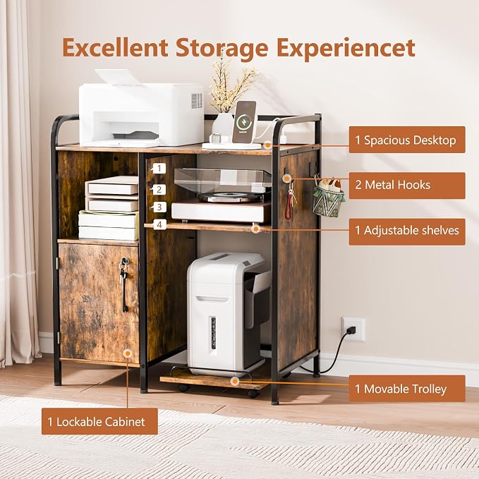 VINGLI Multifunctional Printer Stand with Trolley, Paper Shredder Stand Rack with Wheels, Lateral Office Storage Cabinets with Socket and USB Charging Port, Open Shelves for Home Office, Rustic Brown
