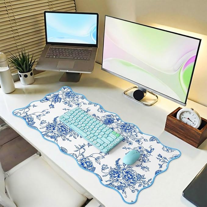 Kingdder Scalloped Floral Desk Mat Large Chinoiserie Mouse Pad Blue White Floral Desk Pad 31.5" x 15.7" Aesthetic Girly Vintage Keyboard Computer Laptop Mat for Dorm Home Office Gaming Decor