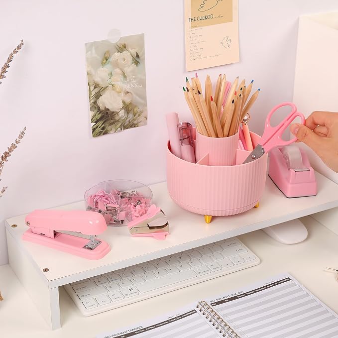 SKYDUE Pink Desk Accessories 11Pcs with Rotating Pen Holder for Desk | Included Stapler with Staples, Staple Remover, Tape Dispenser,2pcs Tape Refills, Binder Paper Clips Kit, Scissor, 2pcs Pens