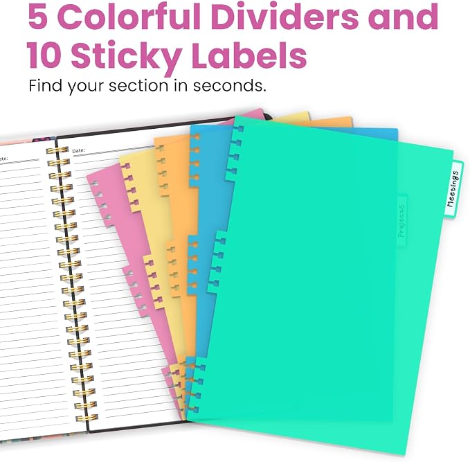ZOTIA Large Spiral Notebook for Work, 8.5" x 11" Journal for Women, Cute 5 Subject Notebook with Removable Dividers & Tabs, College Ruled Lined Journal for Office and School, 280 Pages, Color Petals