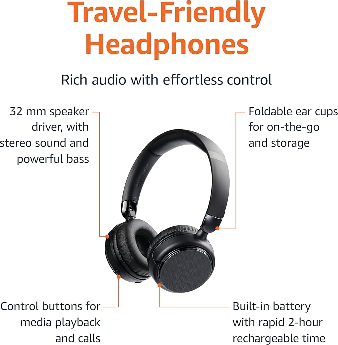 Amazon Basics Bluetooth On-Ear Headphones Wireless with Microphone, Deep Bass, 35 Hour Playtime, Foldable, Collapsible, Portable Travel Friendly, Black