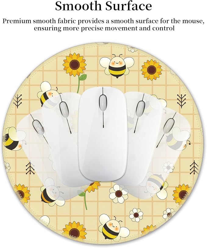 Hancynir Floral Bee Round Mouse Pad, Small Mousepad for Laptop Desk Office | Mouse Mat for Computer, Non-Slip Rubber Base, Office Desk Decor, Gifts for Work Coworker Teacher, 8.6 Inch, Stitched Edges