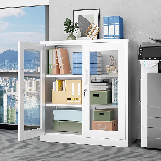 VINGLI Lockable Display Cabinet with Glass Door & 3 Shelves, 35.5" H Metal Storage Cabinet Curio Liquor, Bookshelf Bookcase for Home Office Living Room Pantry Garage (White)