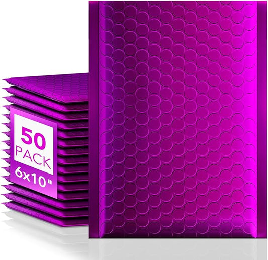 Fuxury Foil Bubble Mailers 6x10" 50 Pack,Sturdy Padded Envelopes Usable Size 6x9",Strong Adhesion Bubble Shipping Envelopes,Thick Opaque Shipping Bags for Mailing Jewelry Makeup Gift Small Item Purple