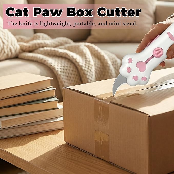 2 PCS Cat Paw Retractable Box Cutter — Cute Kawaii Utility Knife | Portable Cat Claw Knife with Handle,Multifunctional Mini Utility Knife for Boxes Envelopes,Packages,Lock+One-Click Retract