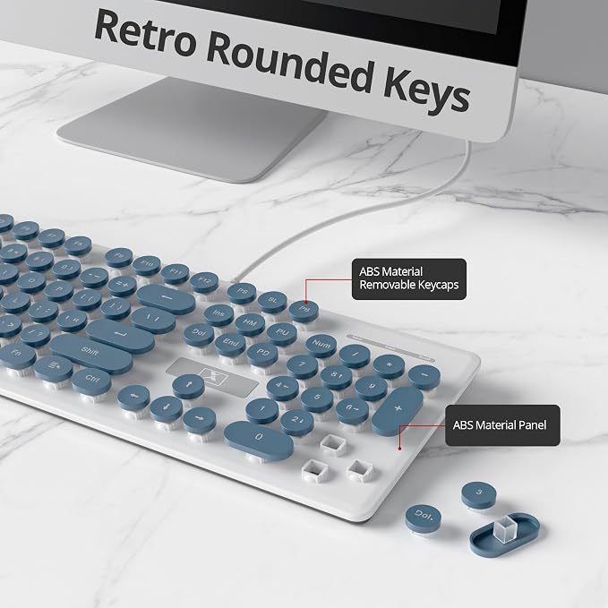surmen Cute Quiet Keyboard Blue Wired Typewriter Keyboard, Light Up Backlit PC Keyboards with Retro Round Keys Full Size 104 Keys for Office Computer (Blue)