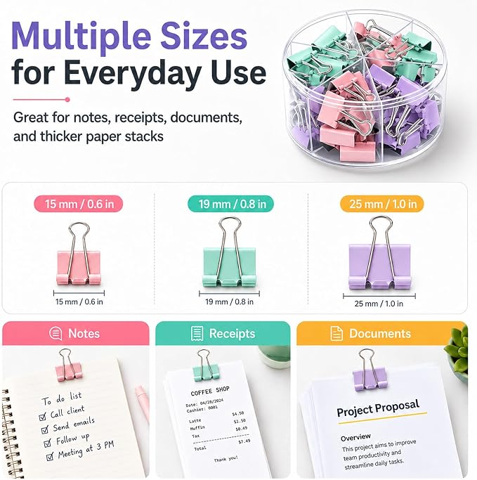 Binder Clips Assorted Sized, Metal Clips for Office, 120 Psc | 2 Box of Colored Paper clips and Binder Clips, Cute Office Supplies, Desk Accessories, Black, Pastel Color