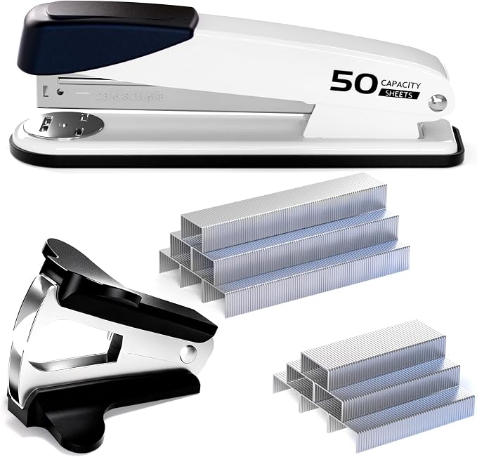 Metal Stapler Heavy Duty - 50 Sheet Capacity with 2000 Pieces 1/4", 5/16" Staples and Staple Remover, No Jam, Non-Slip, Stapler Heavy Duty for Desk, Classroom and Office, White