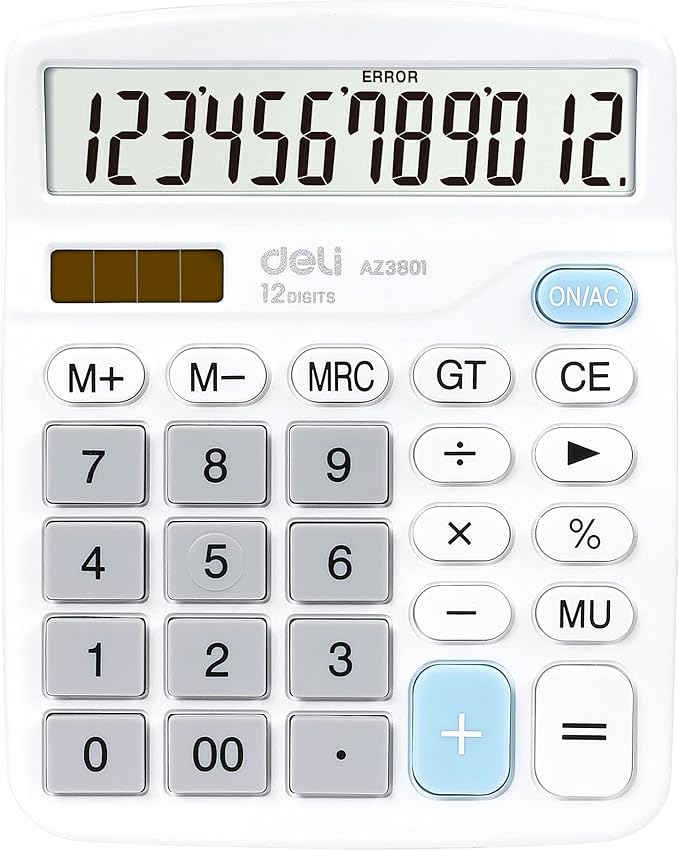 Calculator, Deli Standard Function Desktop Calculators with 12 Digit Large LCD Display and Sensitive Button, Solar Battery Dual Power Office Calculator, White