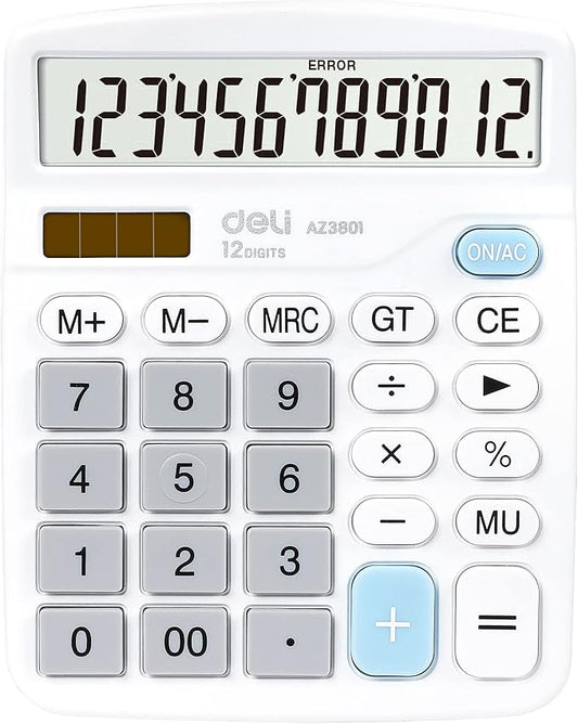 Calculator, Deli Standard Function Desktop Calculators with 12 Digit Large LCD Display and Sensitive Button, Solar Battery Dual Power Office Calculator, White